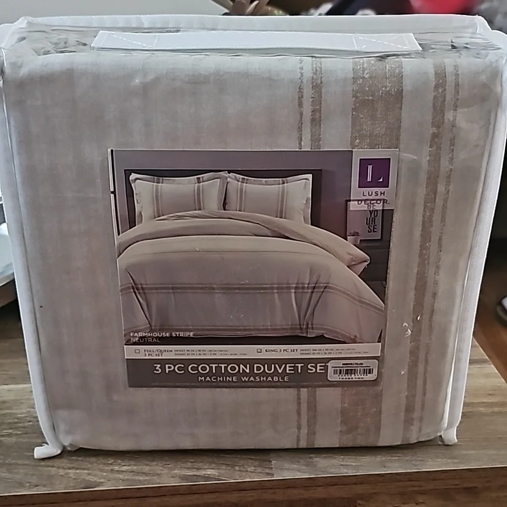 Lush Decor - 3pc King Farmhouse Stripe Reversible Duvet Set Tan Trend - Picture 13 of 14